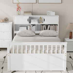 English Elm Full Size Captain Platform Bed Frame With Bookcase Headboard, Storage Drawers & White Finish N7090000473K