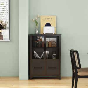 English Elm Storage Cabinet Matte Iron Four Door Sideboard with Adjustable Shelf for Modern Interiors Black W3151P407882