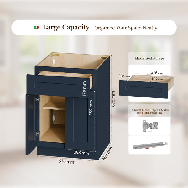English Elm 24" Navy Shaker Solid Wood Base Cabinet Soft Close Drawer Storage for Kitchen Bath T2950P479979