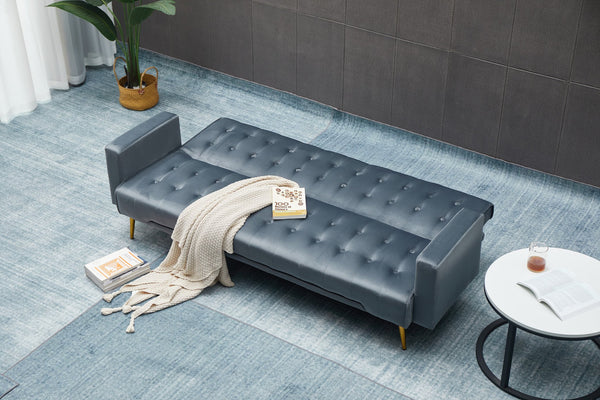 English Elm Sofa Bed Velvet Upholstered Convertible with Gold Metal Legs for Studio Spaces Dark Gray B205P246433
