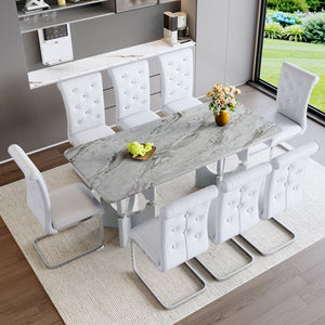 English Elm Modern 9 Piece Glam Dining Set Faux Marble Table Tufted Pvc Chairs Seats Eight Grey,White W3875S00059