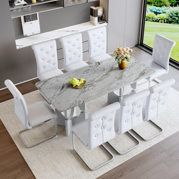 English Elm Modern 9 Piece Glam Dining Set Faux Marble Table Tufted Pvc Chairs Seats Eight Grey,White W3875S00059
