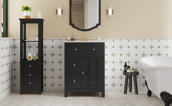 English Elm 24" Modern Bathroom Vanity with Ceramic Basin, French Country Cross-Grid Design & Soft-Close Drawers Black N710P280655B