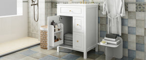 English Elm 24-Inch Bathroom Vanity with Ceramic Sink, Soft-Close Door & Drawers, Gold Handles, Durable Wood Elegance White N729P192078K