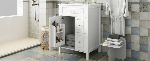 English Elm 24-Inch Bathroom Vanity with Ceramic Sink, Soft-Close Door & Drawers, Gold Handles, Durable Wood Elegance White N729P192078K