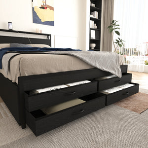 English Elm Queen Storage Bed Frame with 8 Drawers, LED Headboard, USB Charging, Metal Platform, Noise-Free Design W2129P369350