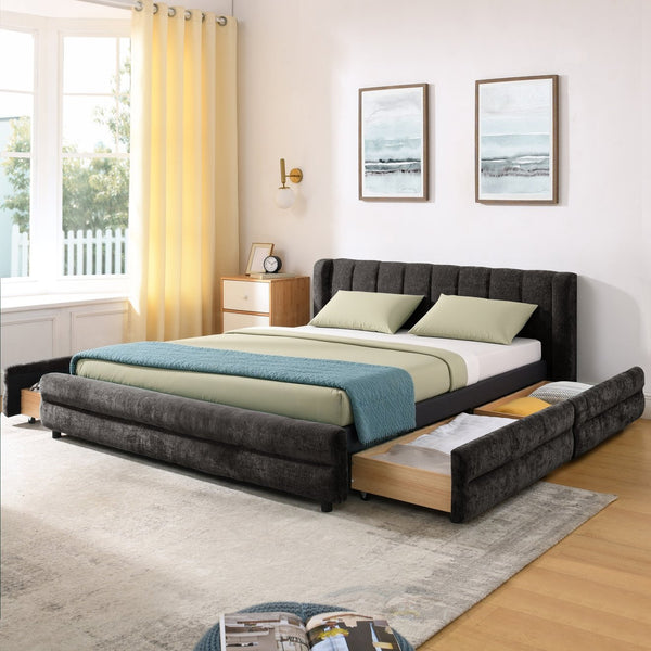 English Elm Queen Chenille Upholstered Storage Bed Wingback Headboard Platform Frame Bedroom Dark Gray W487S00418