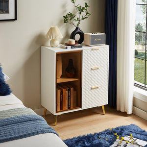 English Elm Deluxe Modern Carved Chest of Drawers with Tempered Glass Doors, 3 Drawers + 2 Compartments, Sleek Metal Legs White W1162P295364