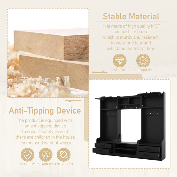 English Elm 4-in-1 Hall Tree with Bench, 7 Hooks, 2 Cabinets & 4 Drawers for Entryway Storage and Seating Black W1580S00089