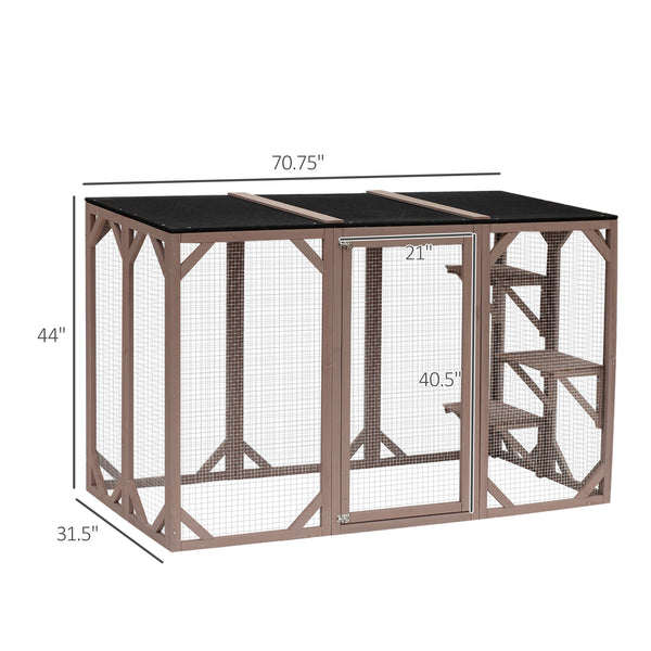 English Elm Pawhut Wooden Outdoor Catio Enclosure with Mesh Walls Climbing Platforms Asphalt Roof W2225P173771