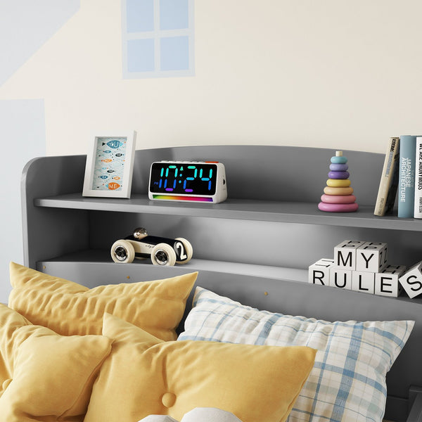 English Elm Twin Pine Wood Bed with Bookcase Headboard LED Motion Sensor Light Guardrails Ample Storage Space Grey W504P277595