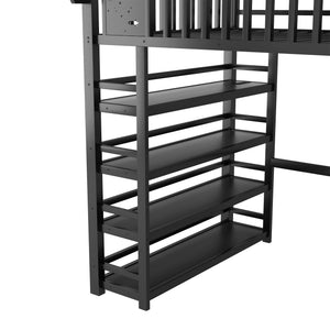 English Elm Full Metal Loft Bed with Stair Storage Rgb Lighting and Charging Station for Teens Black W2580S00074