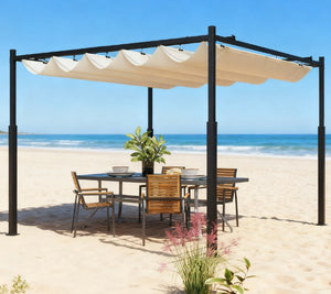 English Elm Easy Outdoor Pergola with Retractable Upf30 Canopy Powder Coated Metal Patio Frame T3971P426915