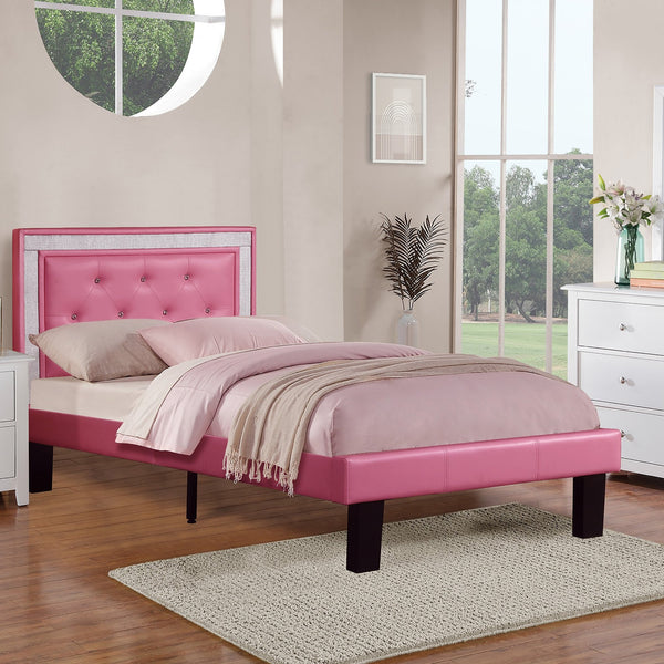 English Elm Modern Glam Tufted Faux Leather Bed with Glitter Frame and Diamond Accents, Full Size, 12-Slat Support, Sturdy Middle Legs, Elegant Upholstered Headboard Pink 60 L x 36 W x 6 H B011P400278