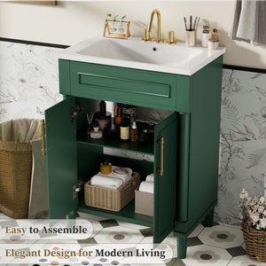 English Elm 24" Bathroom Vanity with Integrated Ceramic Sink and Adjustable Shelf, Vintage Hardware, Space-Saving Design Green N710P277711F