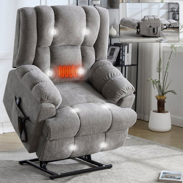 English Elm Dual Motor Power Lift Recliner Chenille Chair with Massage Heat and Infinite Positions Light Gray W3224P288433