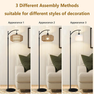 English Elm Arc Floor Lamp - Dimmable Rattan Arc Light With Remote & Led Bulb, Stylish Mid-Century Decor For Any Room W2738P185427