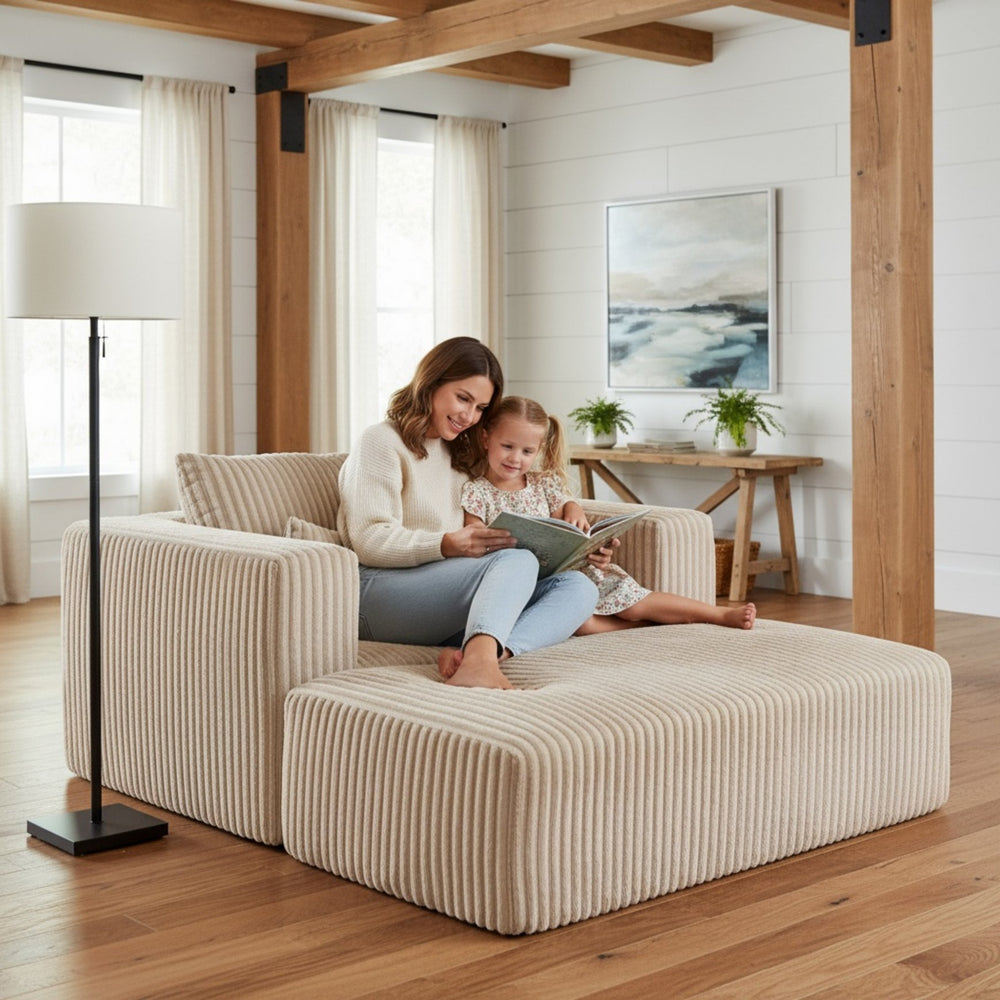 English Elm Oversized Corduroy Floor Lounge Chair with Modular Ottoman All Foam Deep Seat Beige W3326S00026