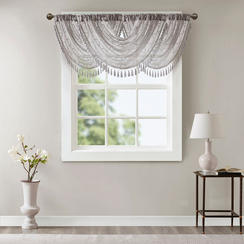 JLA Home Madison Park - Diamond Sheer Valance with Embroidered Diamond Motif, Tassel Trim, Waterfall Drape for Soft Light Grey MP41-4941