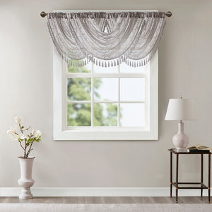 JLA Home Madison Park - Diamond Sheer Valance with Embroidered Diamond Motif, Tassel Trim, Waterfall Drape for Soft Light Grey MP41-4941