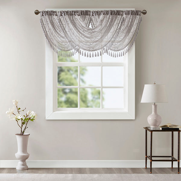 JLA Home Madison Park - Diamond Sheer Valance with Embroidered Diamond Motif, Tassel Trim, Waterfall Drape for Soft Light Grey MP41-4941
