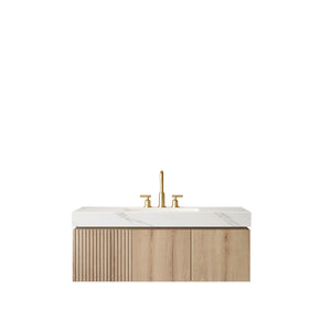 English Elm Muri Floating Bathroom Vanity Plywood Cabinet Sintered Stone Top Oak Woodgrain W2615S00631