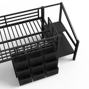 English Elm Twin Metal Low Loft Bed with Storage Stairs Fabric Drawers and Built-in Lights Black W5305S00045