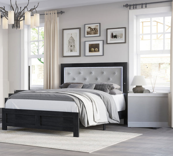 English Elm 1pc Modern Queen Panel Bed with LED Headboard, Faux Leather Upholstery, Button-Tufted Elegant Design Black,Gray 66.4 L x 28 W x 10 H B011P244360
