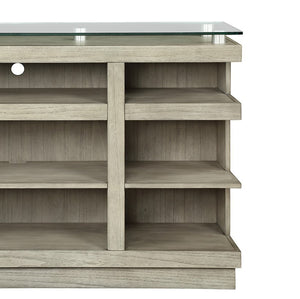 English Elm Celino 65 Inch Media Console with Tempered Glass Top and Open Shelving in Sandstone B108P468534