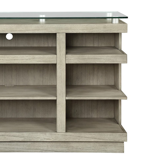 English Elm Celino 65 Inch Media Console with Tempered Glass Top and Open Shelving in Sandstone B108P468534