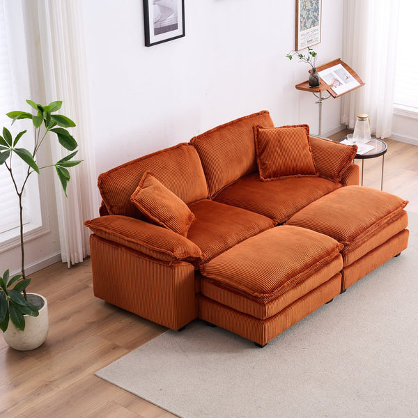 English Elm Corduroy Plush 2-Seat Sofa with 2 Back Cushions, Toss Pillows & Ottomans — Deep Seat Comfort Orange W2363S00066
