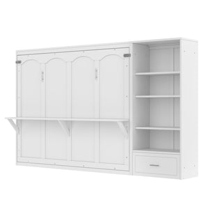 English Elm Queen Murphy Wall Bed with Folding Platform Side Cabinet Drawer and Adjustable Shelves White N733S407545K