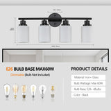 English Elm Modern 4-Light Vanity Bathroom Mirror Light, Frosted White Glass With Black Iron Frame, Contemporary Wall Sconce For Bedroom, Bathroom, and Dressing Room (Bulb Not Included)