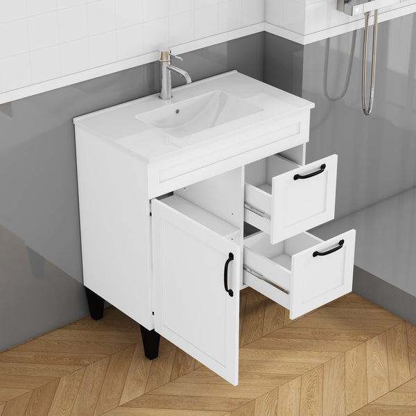 English Elm 31.5-inch Modern Bathroom Vanity with Integrated Ceramic Basin, Soft-Close Drawers, Black Accents White 35.04 L x 22.05 W x 7.68 H W3151S00061
