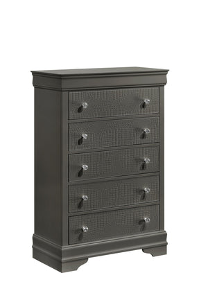 English Elm Blaze Modern 5-Drawer Chest In Metallic Gray With Velvet-Lined Top Drawer & Crystal Knobs For Style B009P286645