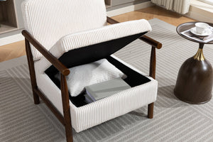 English Elm Storage Accent Chair Mid Century Wood Frame Upholstered Seat with Lumbar Cushion Antique White W2530P401445