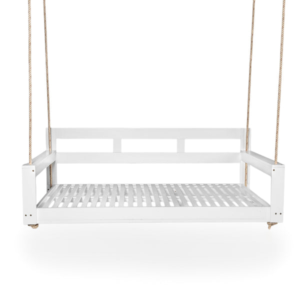 English Elm TOPMAX Acacia Wood Twin Porch Swing Bed Frame with High Back, 350lb Capacity & 118" Hemp Ropes White N717P265795K