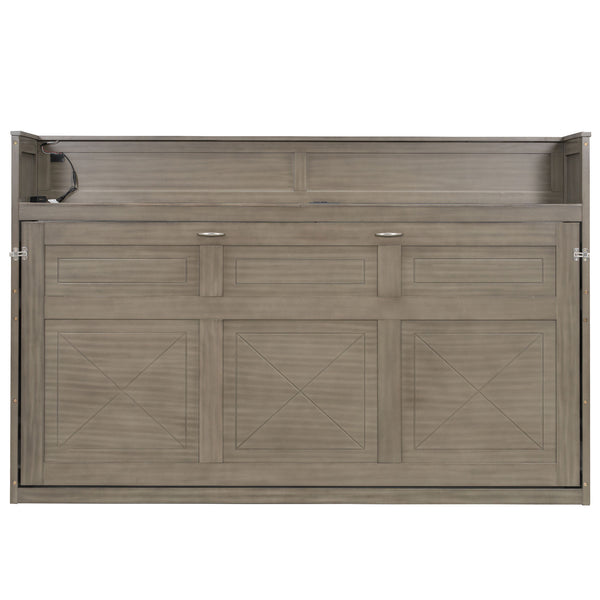 English Elm Twin XL Murphy Bed with Desk, LED Lighting and USB Charging Station — Space-Saving Solid Pine Design Gray Wash N7090005001N