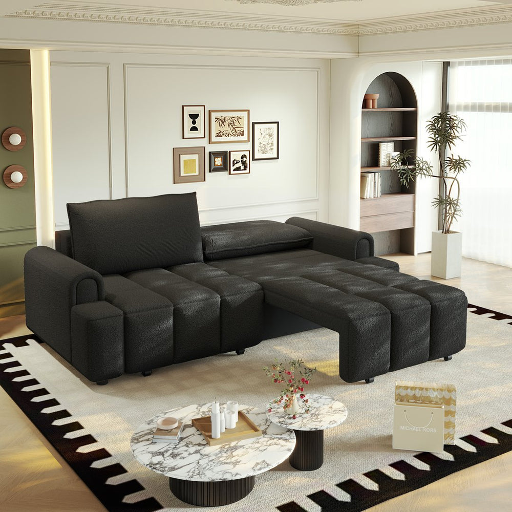 English Elm 90.2" Plush Teddy Fabric Convertible Sleeper Sofa with Hidden Storage for Living Room Black W1885S00313