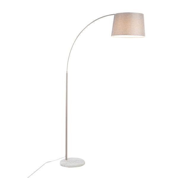 English Elm March Contemporary Floor Lamp - Sleek Nickel Arc With White Marble Base & Grey Linen Shade Design B202S01375