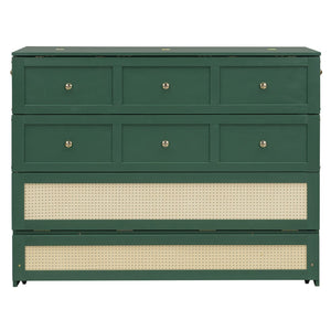 English Elm Full Size Murphy Wall Bed Cabinet with Rattan Panel Detailing and Storage Drawers Green N708P336203F