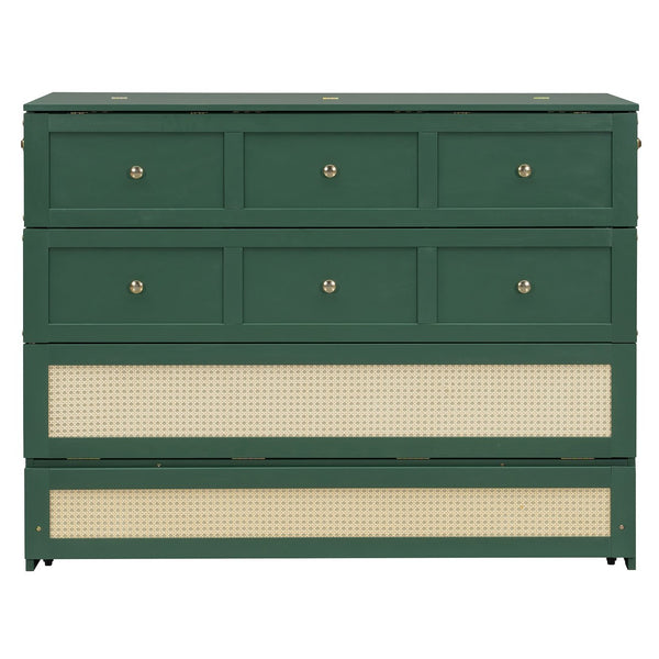 English Elm Full Size Murphy Wall Bed Cabinet with Rattan Panel Detailing and Storage Drawers Green N708P336203F