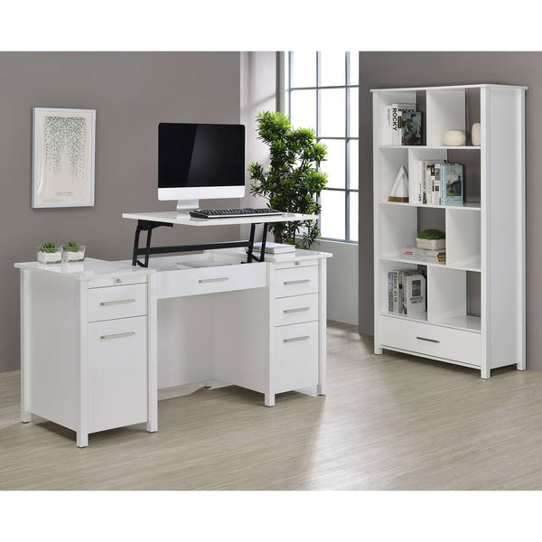 English Elm Dylan White High Gloss 4-Shelf Bookshelf with Curved Glass Top, Bottom Drawer & Sleek Modern Storage cabinetry B062P344933