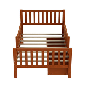 English Elm Twin Pinewood Platform Bed with Headboard, Guardrails & Two Underbed Drawers for Storage Walnut 70.6 L x 17.1 W x 5.9 H N733P172696D