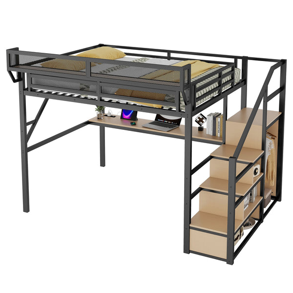 English Elm Queen Metal Loft Bed with Desk Stairs Rgb Lighting and Built-in Charging Station W2580S00053