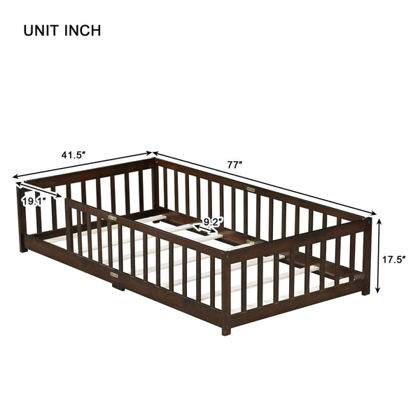English Elm Twin Size Floor Bed With Safety Guardrails, Eco-Friendly Rubberwood Frame For Kids' Room Comfort W504P286398-GIGA