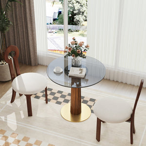 English Elm Modern Round Dining Table - 33.5" Glass Top With Wooden Legs & Gold Base For Cozy Spaces, 150 Lbs W1535S00596