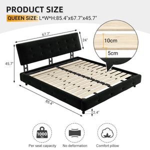 English Elm Queen Size Bed Frame With Tufted Cloud Pillow Headboard – Ultra-Soft Chenille, Noise-Free Support W1885S00207-GIGA