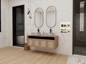 English Elm 48" Floating Bathroom Vanity Oak Finish Dual Ceramic Sinks Four Soft Close Doors W999S00494