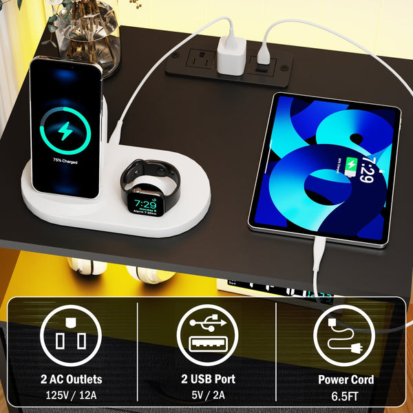 English Elm 2 Pack Modern Nightstand With Charging Station & Led Light - Stylish Bedside Tables With Fabric Drawers W1550P272496